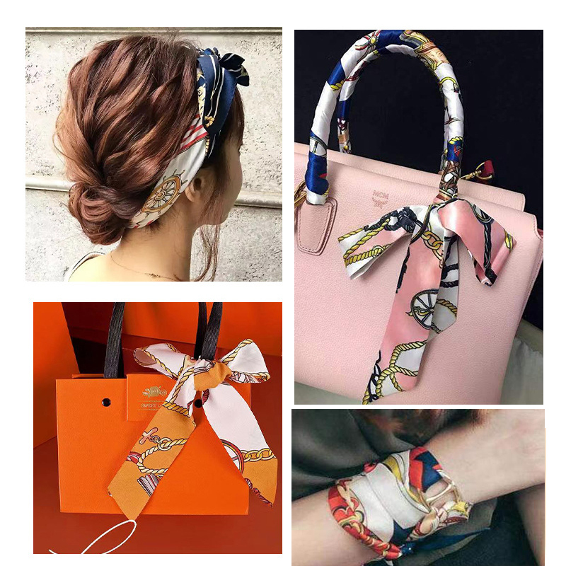 Ins Small Silk Scarf For Women New Fashion Print Handle Bag Ribbons Brand Fashion Head Scarf Small Long Skinny Scarves Wholesale