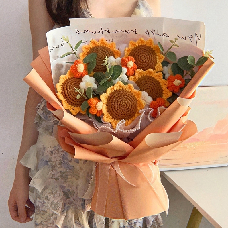 Crochet Bouquet Woven Artificial Flowers Wedding Gift Finished Sunflower Bouquet with Bag Graduation Bouquets