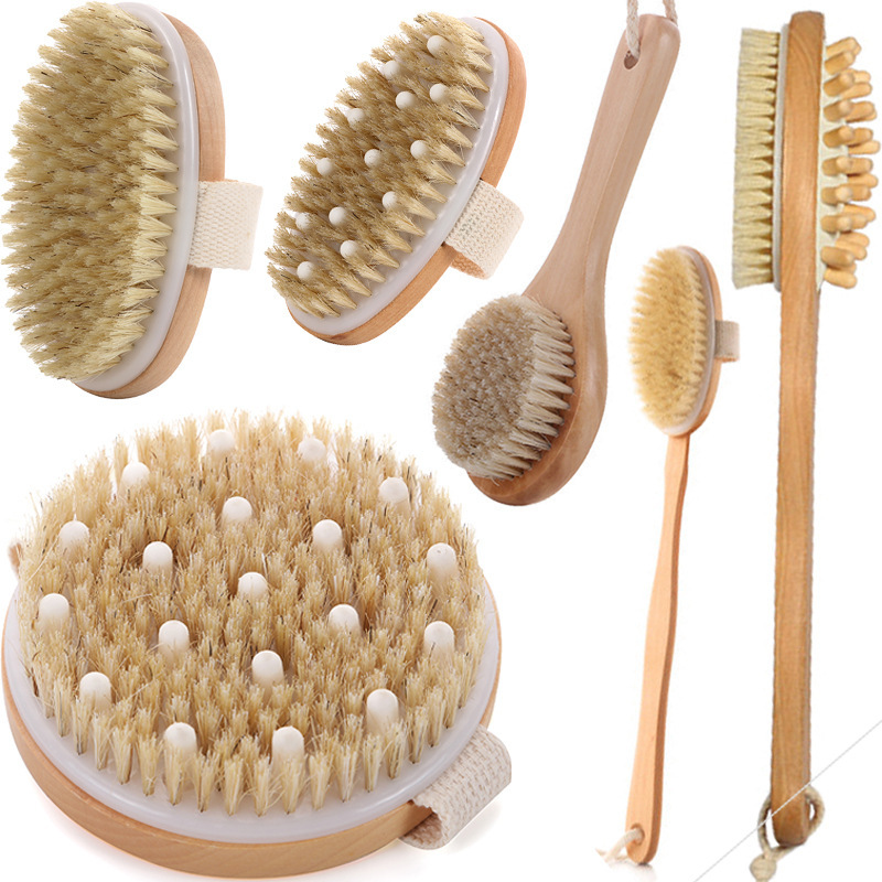2 In 1 Dry Skin Body Massage Brush Natural Bristle Dead Skin Remover Anti Cellulite Exfoliates Blood Circulation Massage Tools