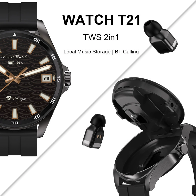 New 2025 bluetooth headset T21 smart watch TWS genuinely rate blood oxygen two-in-one sports watch