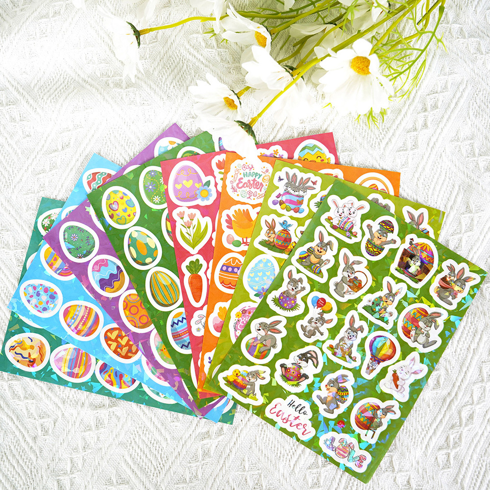 160pcs 8Sheets Easter Stickers Laser Rabbit Egg Cute Cartoon Holographic Scrapbook Laptop Suitcase Phone Graffiti Sticker Decal