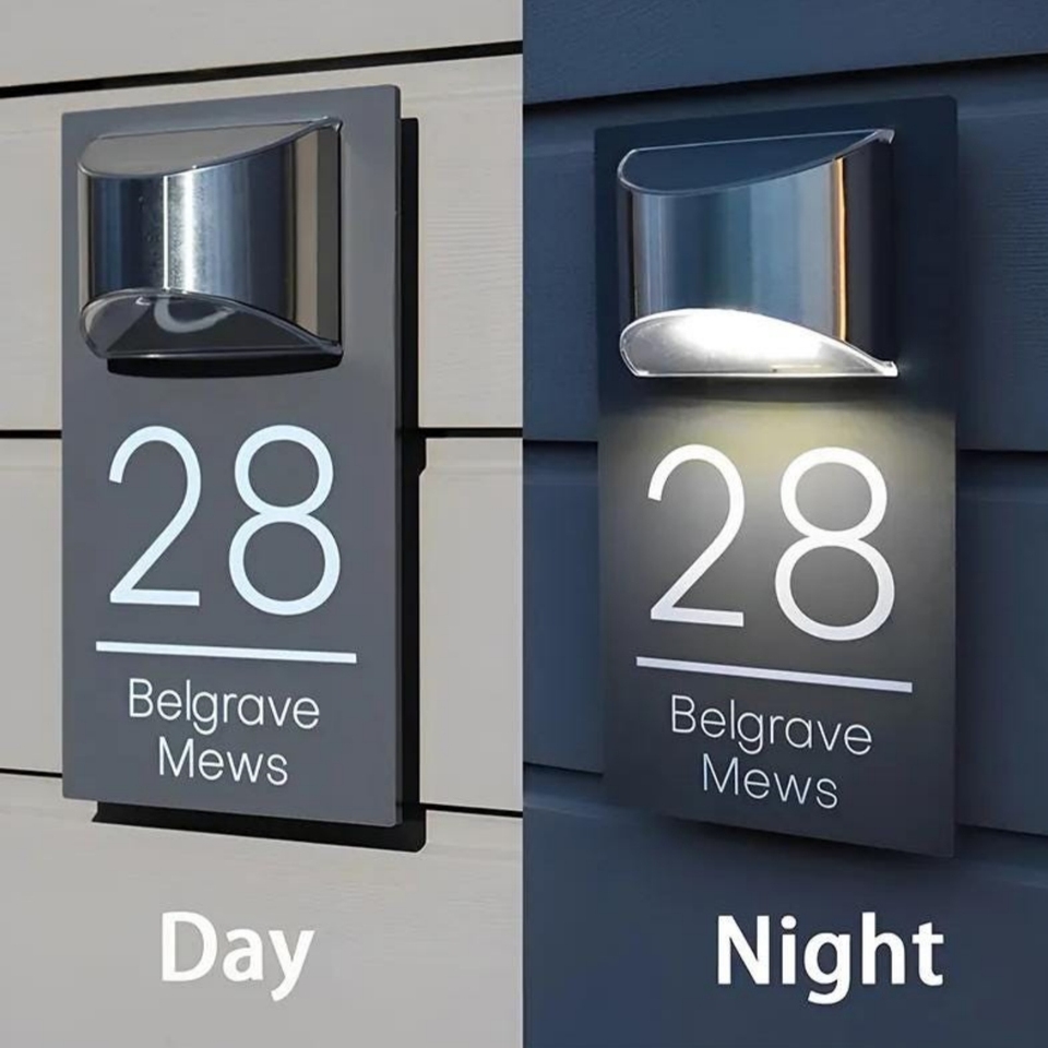 Solar LED Address Plaque Outdoor House Number Sign Matte Black, Grey & Brushed Silver Composite Aluminum with UV Printing
