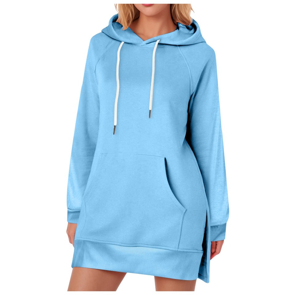 Knitted Long Hoodies Women's Solid Casual Pullover Sweatshirt Long Sleeve Slit Hem Hoodie With Drawstring Hoodie For Women
