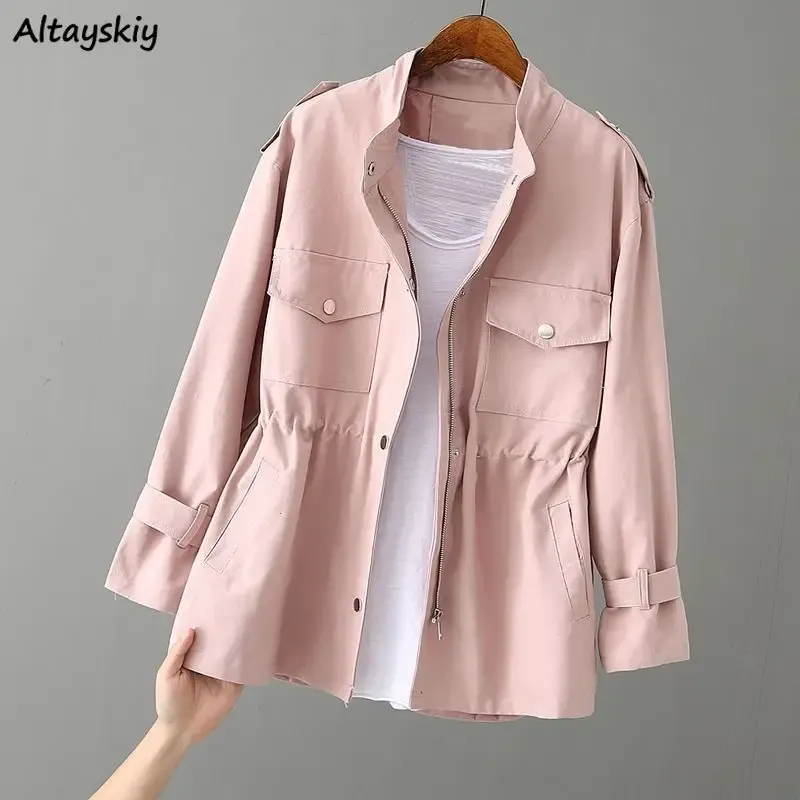 Autumn Cargo Trench for Women Chic Epaulet Korean Style Casual Zip-up Coats Daily All-match Solid Color Harajuku Female Stylish