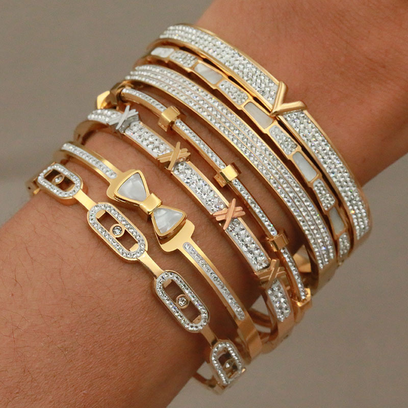Classic Stainless Steel Full Crystal Letter Bowknot Charm Bracelet for Women Snake Bracelets Rust-proof Wrist Jewelry Gift Party