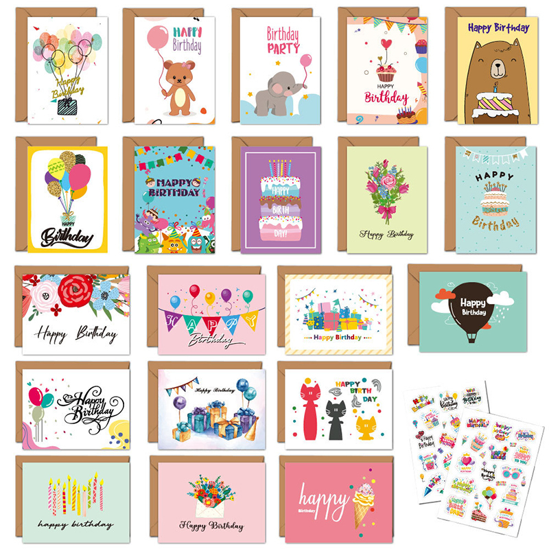 20 Happy Birthday Cards, Birthday Cards With Envelopes, Matching Stickers, Assorted Birthday Cards With Blank Inside