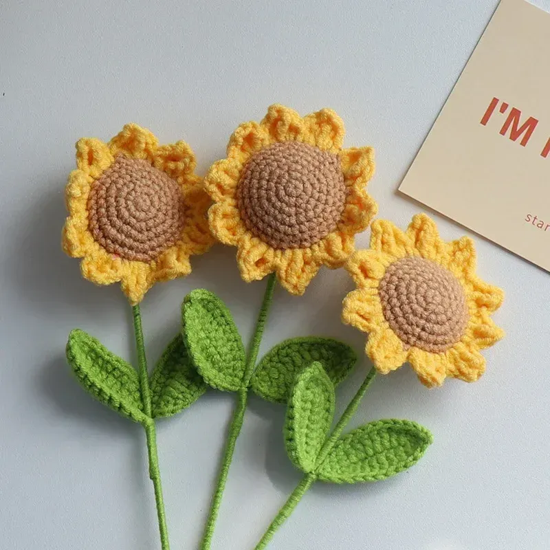 Crochet Sunflowers Graduation Flower Bouquet Creative Artificial Flower Kintted Woven Plant Girasol Tejido A Mano Friends Gift