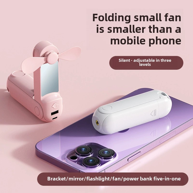 Portable Foldable Fan Handheld Fan 270 ° Adjustable Mini Fan Rechargeable 5-in-1 Bracket/Mirror/Flashlight/Fan/Power Bank