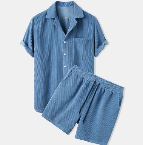 Solid color corduroy men's shirt short sleeve shorts casual sports suit