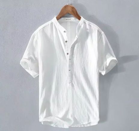 Loose Oversized Cotton Linen Short-sleeved Men's T-shirt Collar Buckled Half-open Shirt Korean Fashion Men Clothing 2020 New