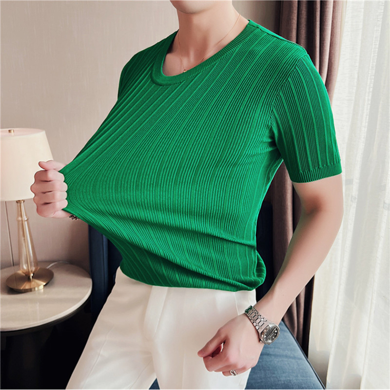 2023 Summer Striped Knitted T-Shirt Men Korean Fashion Short Sleeve T-shirt Slim Fit Round Neck Casual Business Knitted Pullover