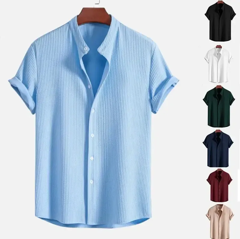 Shirts Men Tops Solid Shirt Round Neck Short Sleeve Casual Loose Splice Single Breasted Top Simple Regular Autumn 2024