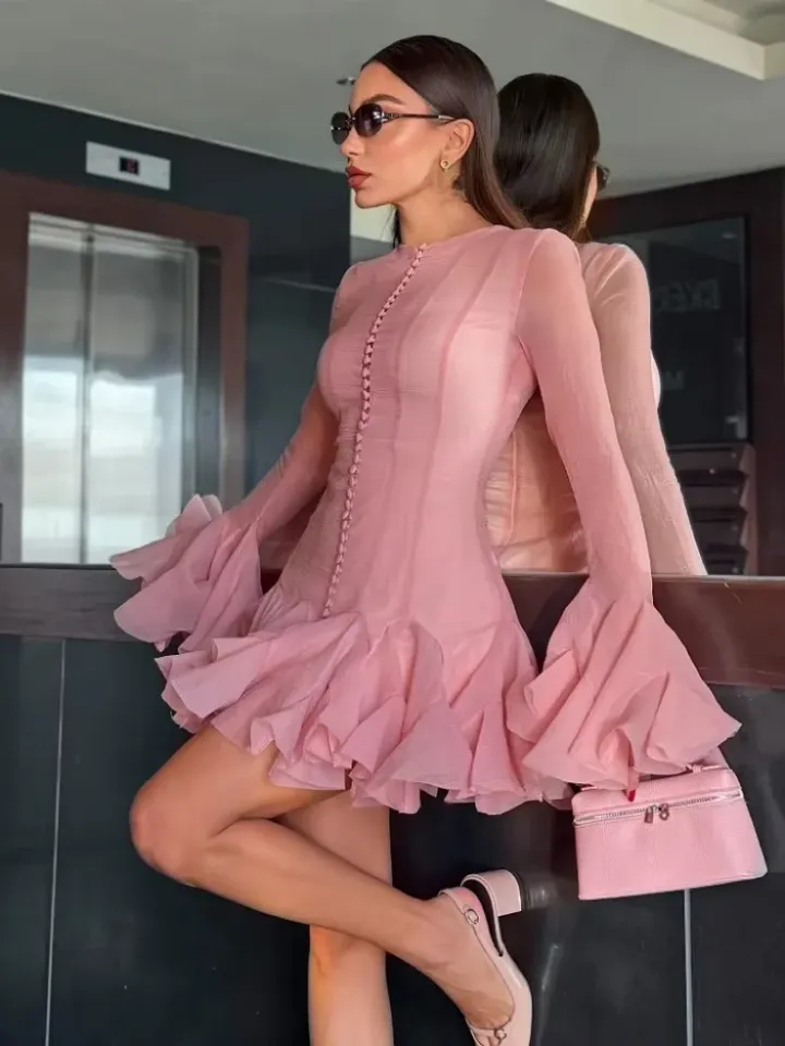 O Neck Pink Ruffle Button Female Vestidos Fashion Long Sleeve High Waist Prom Dresses Spring New Lady Short Evening Dress