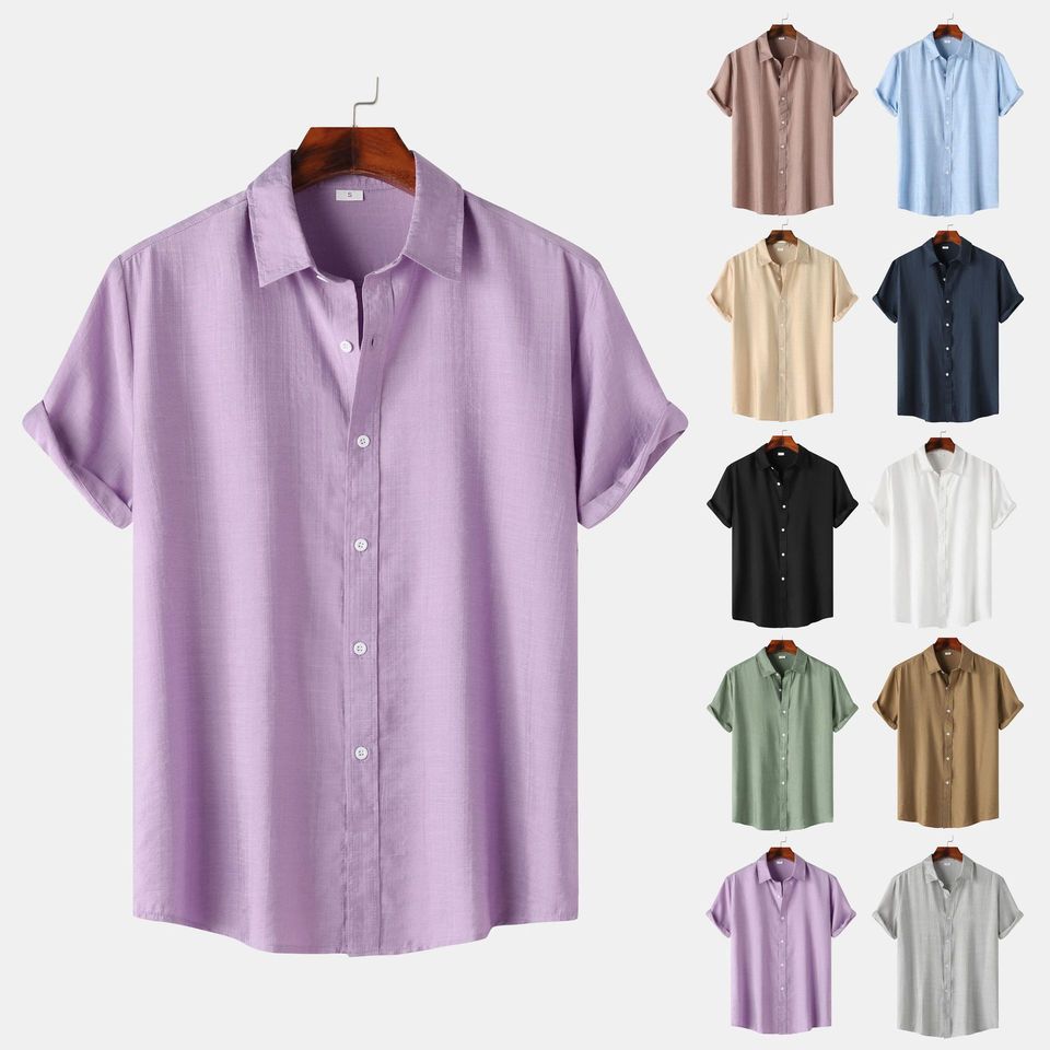 New Summer Mens Plus Size Shirt Teen Solid Color Short Sleeve Lapel Shirt Top Men