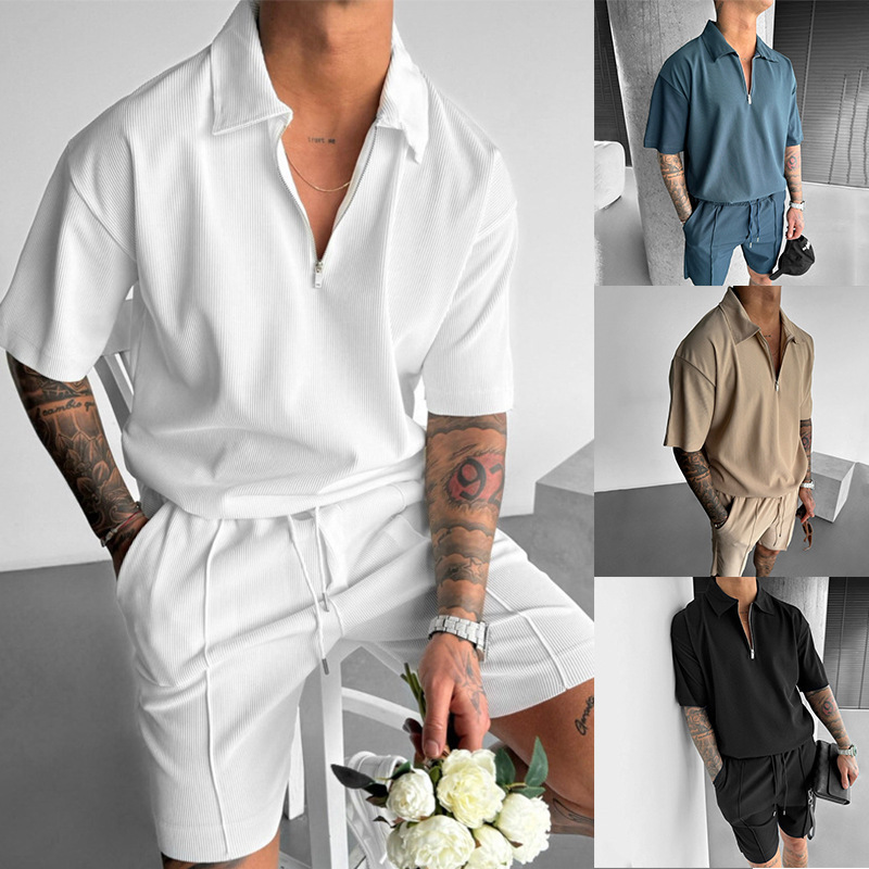 Zip-up Polo Casual Short-sleeved Drawstring Shorts Men's Suit Summer Casual Suit Men's Two-piece Lapel Short-sleeved T-shirt