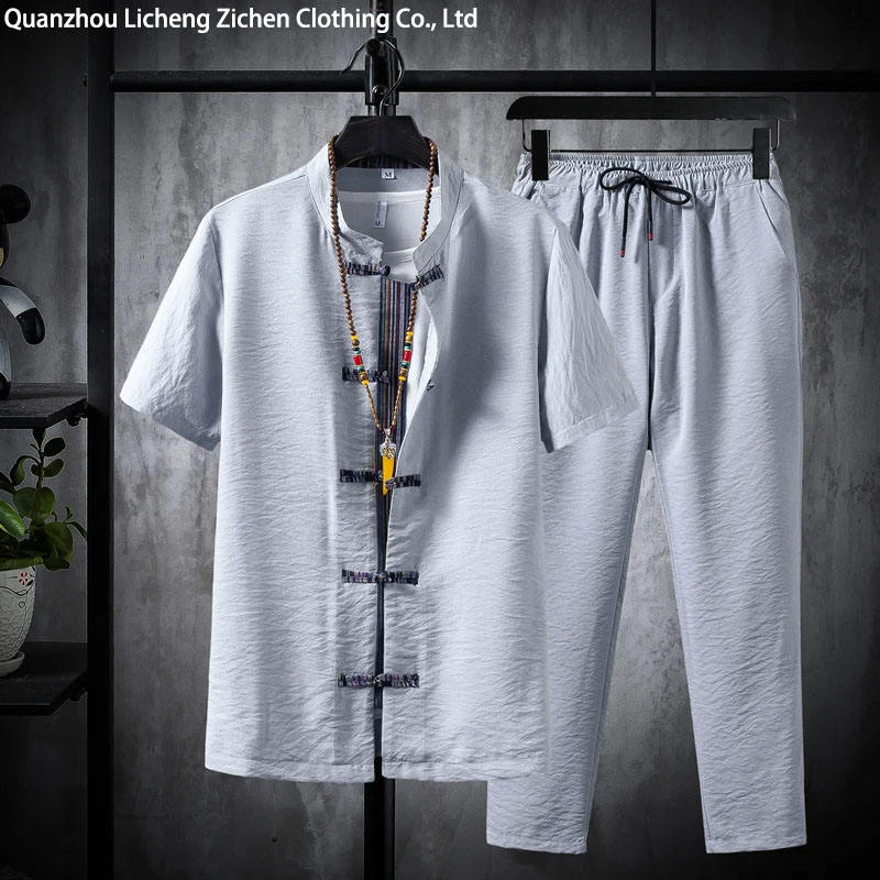 Chinese style summer models cotton and linen plate buckle leisure suit men's T-shirt large size pants two-piece set