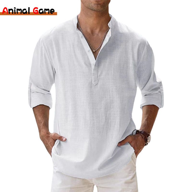 Men's linen stand-up collar long-sleeved T-shirt loose sweatshirt solid color long-sleeved cotton shirt man