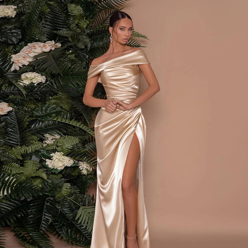 Silk one-shoulder dress split dress women celebrity style temperament women's sexy split long dresses