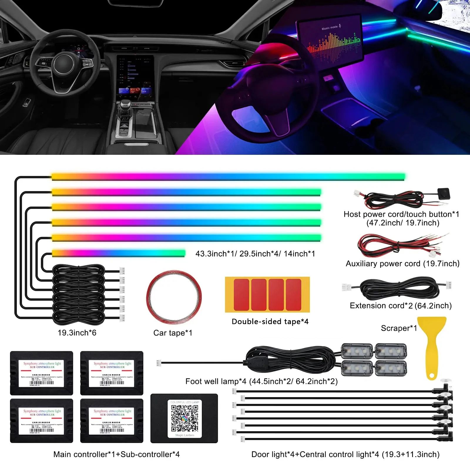 Car atmosphere light LED headlight cold light car atmosphere light voice-controlled music rhythm light pickup light decorative light