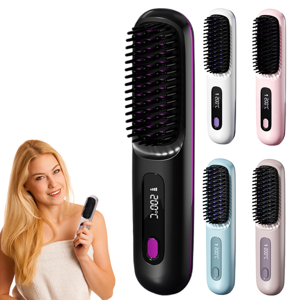 Cordless Ceramic Heated Hot Brush 3 Temp Settings 160-200C° Rechargeable Travel Hair Straightener Portable Straightening Comb