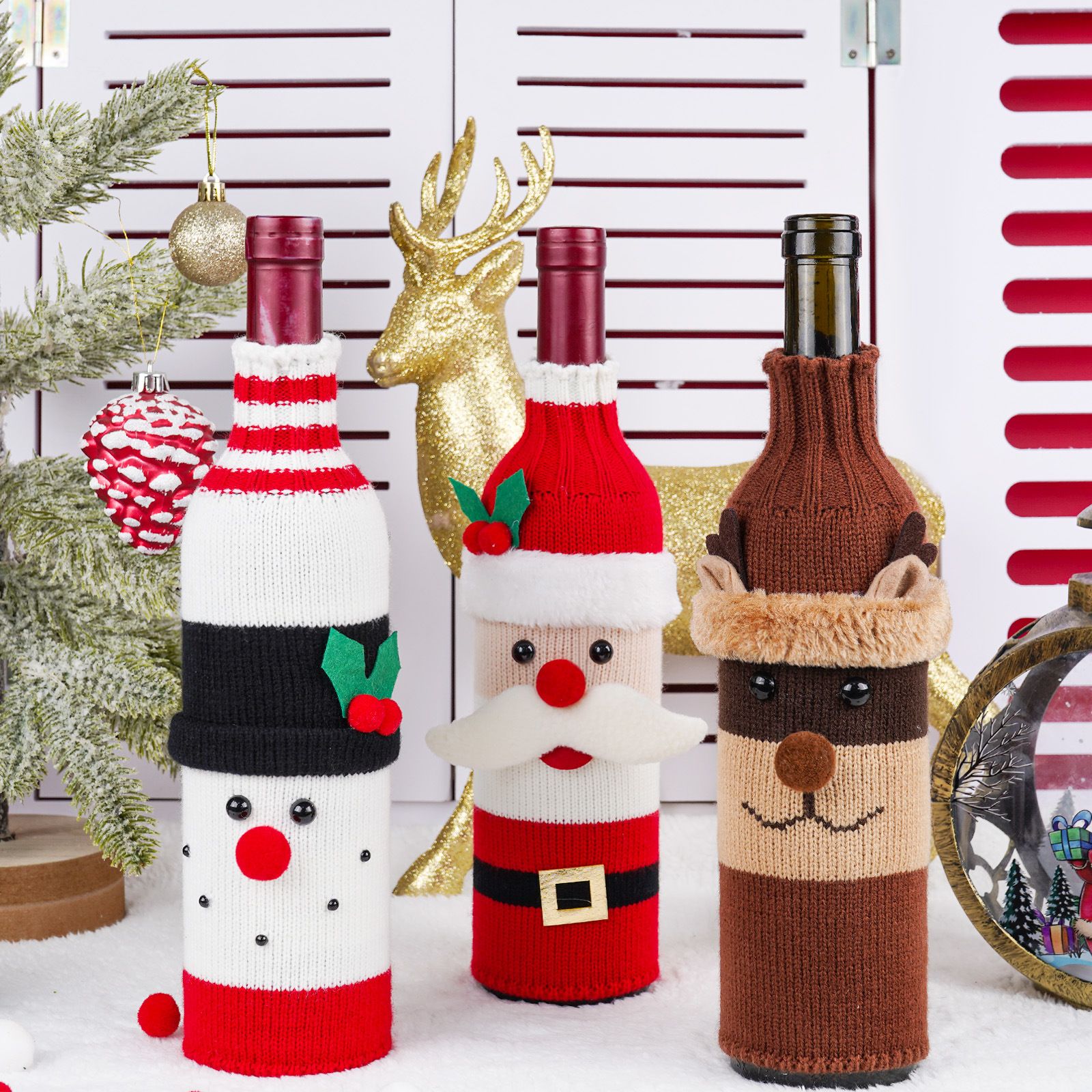 Christmas Decorations Elderly Snowman Wine Bottle Cover Knitted Wine Bottle Cover Champagne Bottle Cover Dining Room Holiday Party Decorations