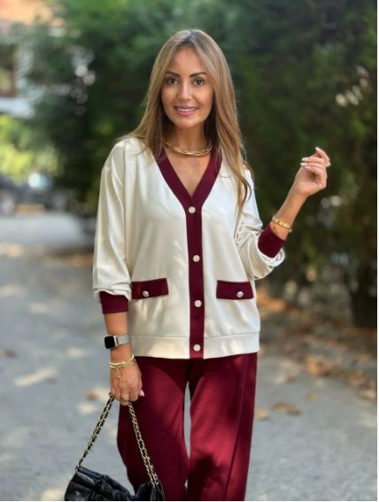Autumn/Winter New Arrival: Chanel-Style Blazer with Casual Colour-Blocking V-Neck Knitted Cardigan Long-Sleeved Set for Women
