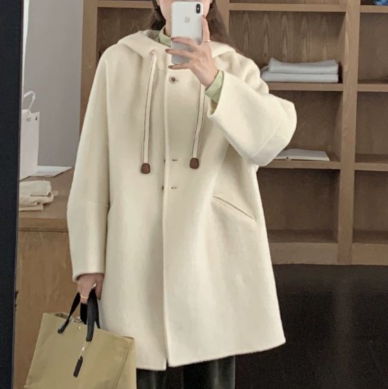 Original Dyed Yak Wool &amp; Camel Hair Women's Double-Faced Cashmere Coat with Hood Mid-Length Casual Wool Blend Outerwear