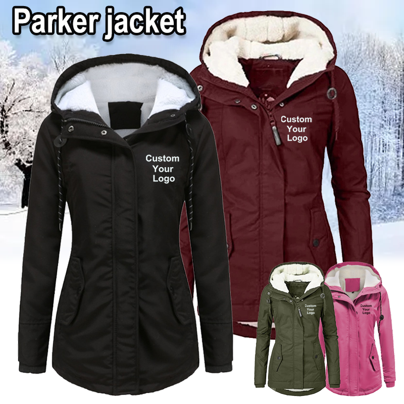 Winter warm Coat Women Custom Your Logo Solid Thickening Jacket Outdoor hiking Hooded Raincoat Windproof femme hiver