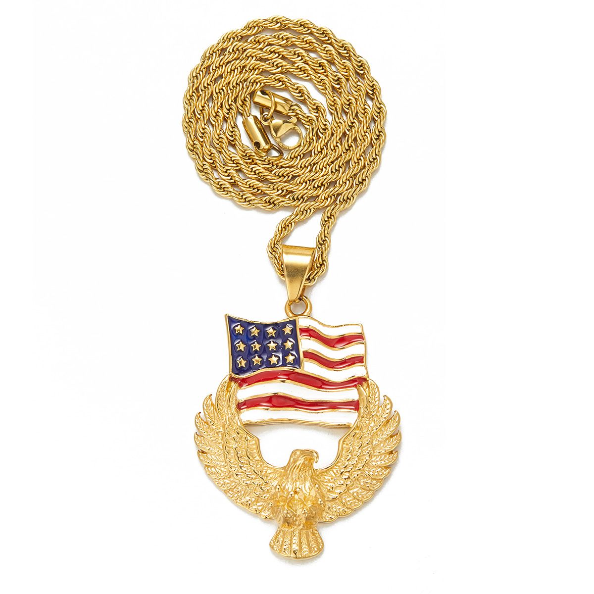 American Independence Day Alloy Gold-Plated Diamond-Inlaid Painted Flag Eagle Hip Hop Commemorative Pendant