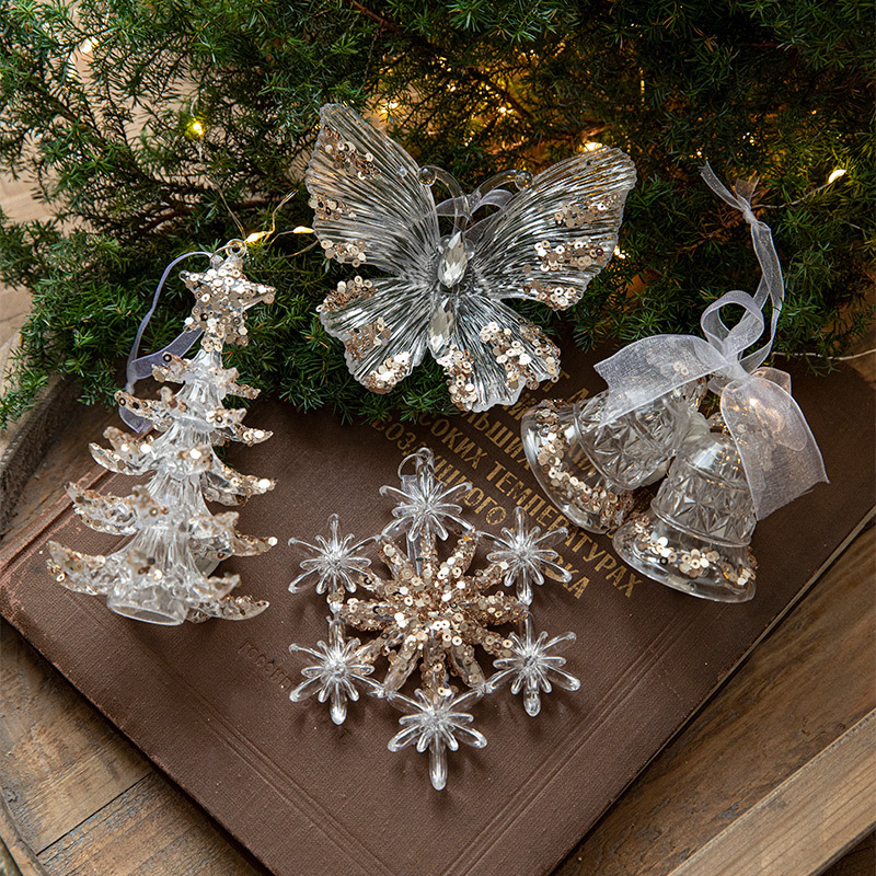 Acrylic Christmas Ornaments Transparent Snowflake Butterfly Xmas Tree Hanging Pendants Noel Home Decorations 2025 New Year Party