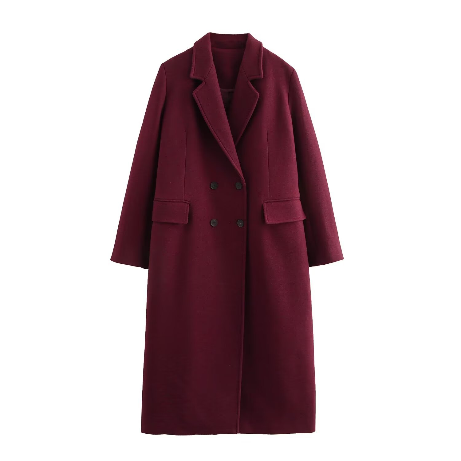 HH Women Fashion Burgundy Coat Double Breasted Long Sleeve Lapel Blends Jacket Autumn Winter High Street Outerwear