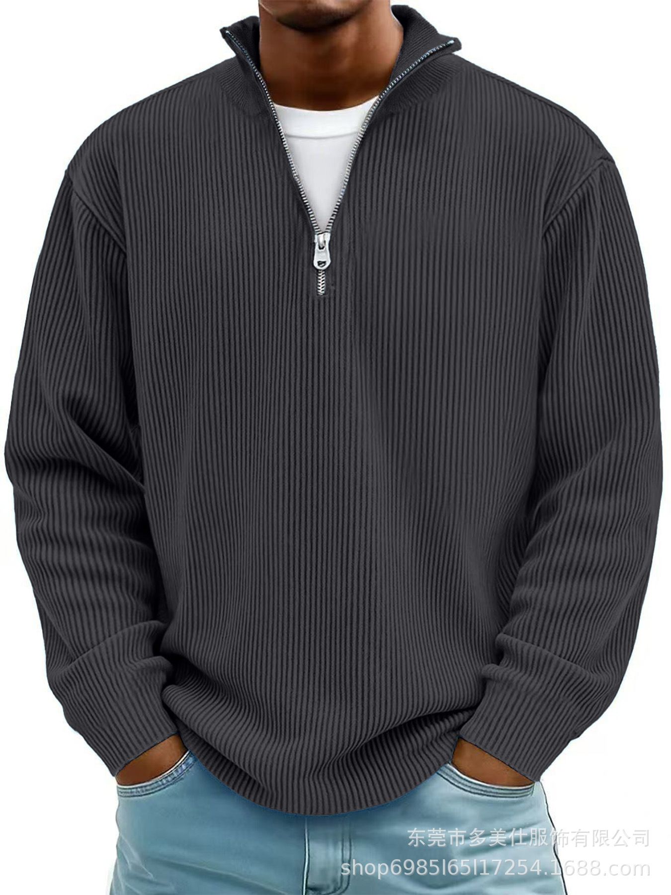 Autumn new arrival men's casual pullover top with stand collar, zipper closure, and corduroy long sleeves; men's polo shirt.