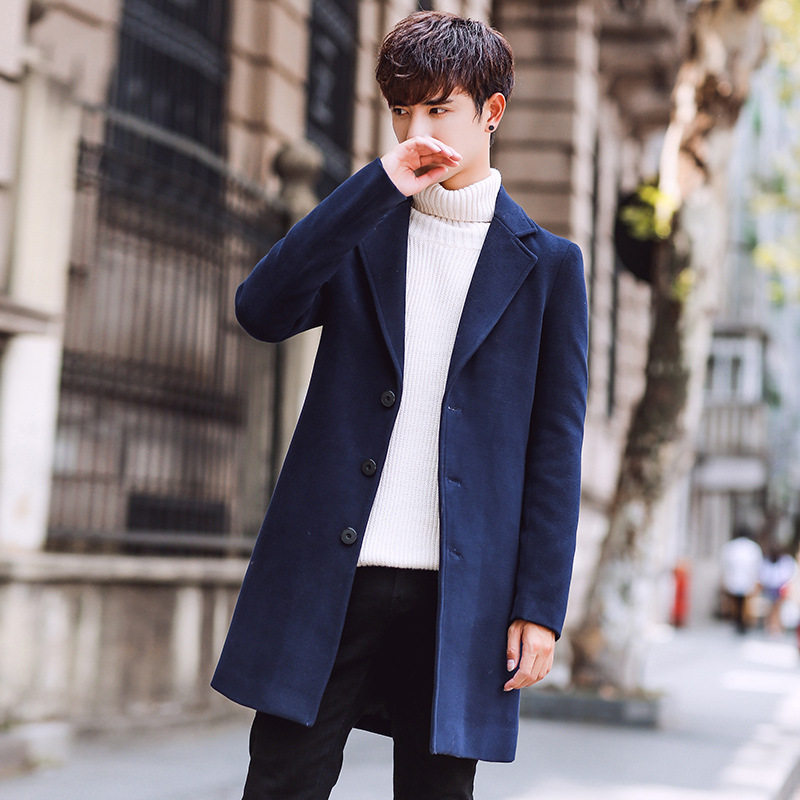 Men's Wool Coat, Winter 2025 Fashion Trend, Korean Style Slim Fit Mid-Length Padded Windbreaker, Thick Woolen Overcoat