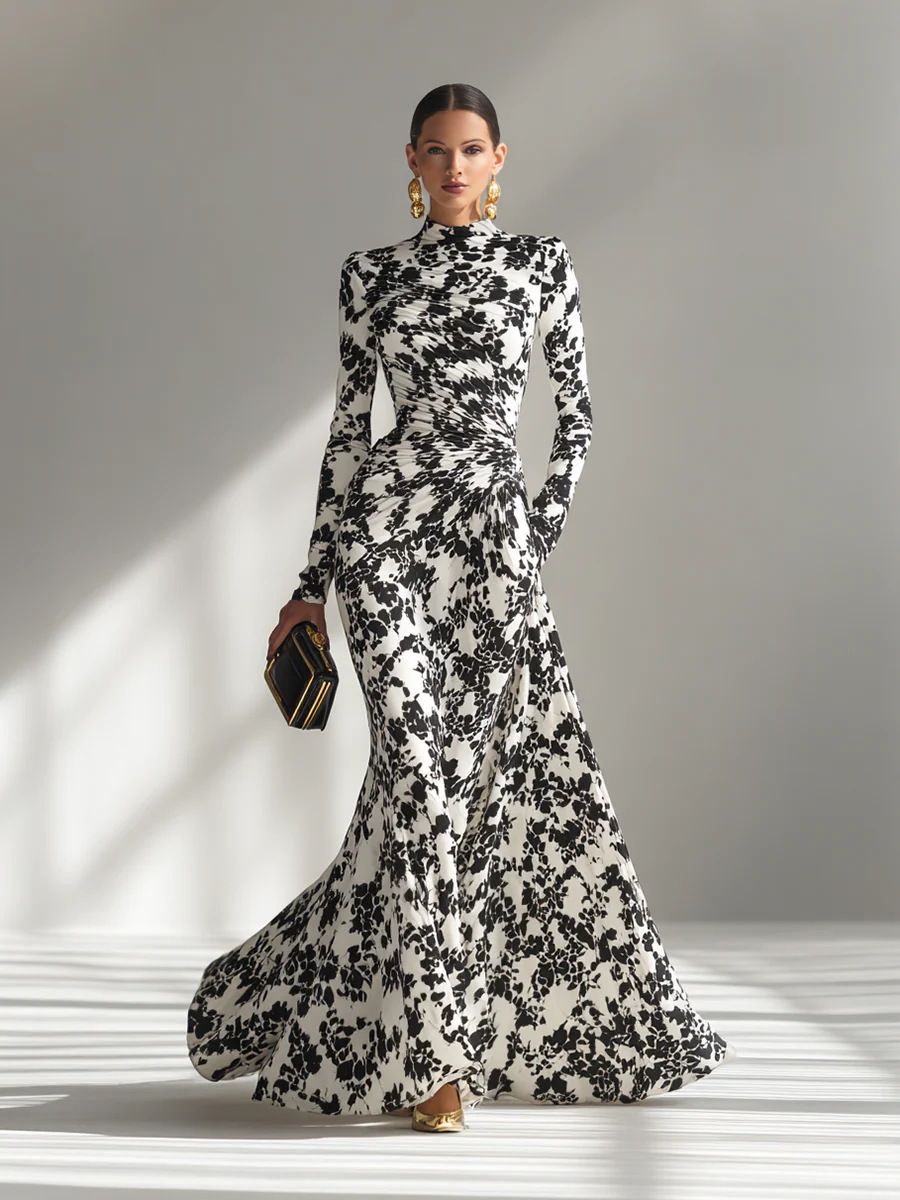 Spring/Autumn Fashion Women's Long-Sleeve Printed Pleated Maxi Dress — "INS-Style" Elegant Formal Gown