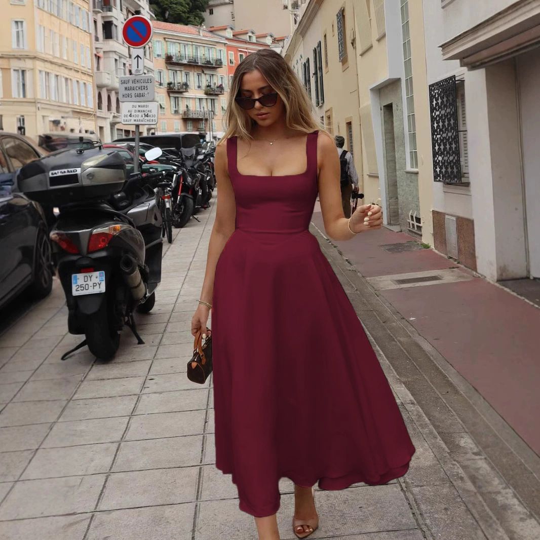 Women's Elegant Solid-Color Square-Neck Sleeveless Empire-Waist Strappy Dress