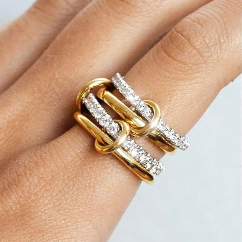 New Two-Tone, Multi-Element Stainless Steel Ring — Interlocking Design with Full Zirconia Pave