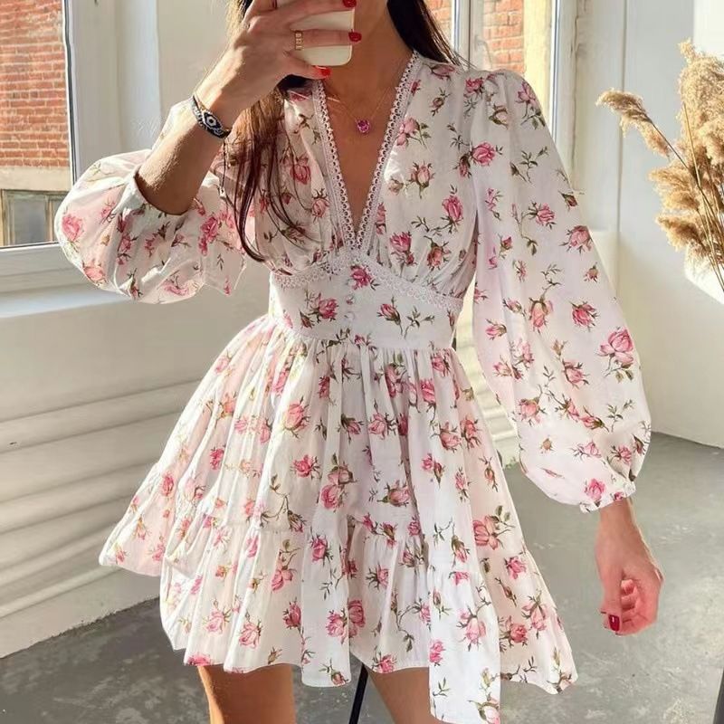 New Spring Women's Dress (Western Style) — Elegant & Sweet V-Neck Lace Mini Dress with Print