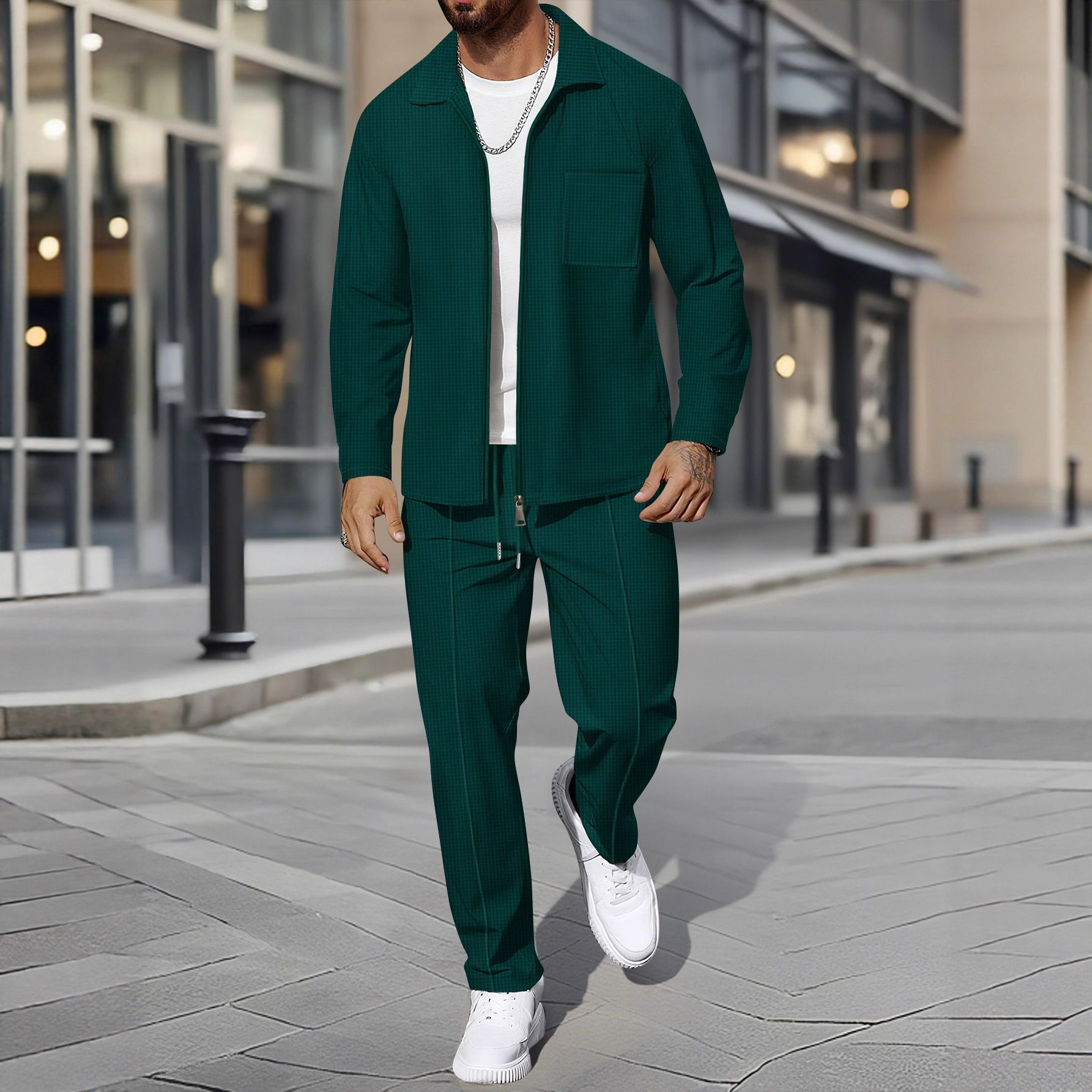 Men's Autumn Waffle-Knit Jacket Set: Solid Color, Zip Front, Pockets, Lapel Collar, Slim-Fit Cardigan