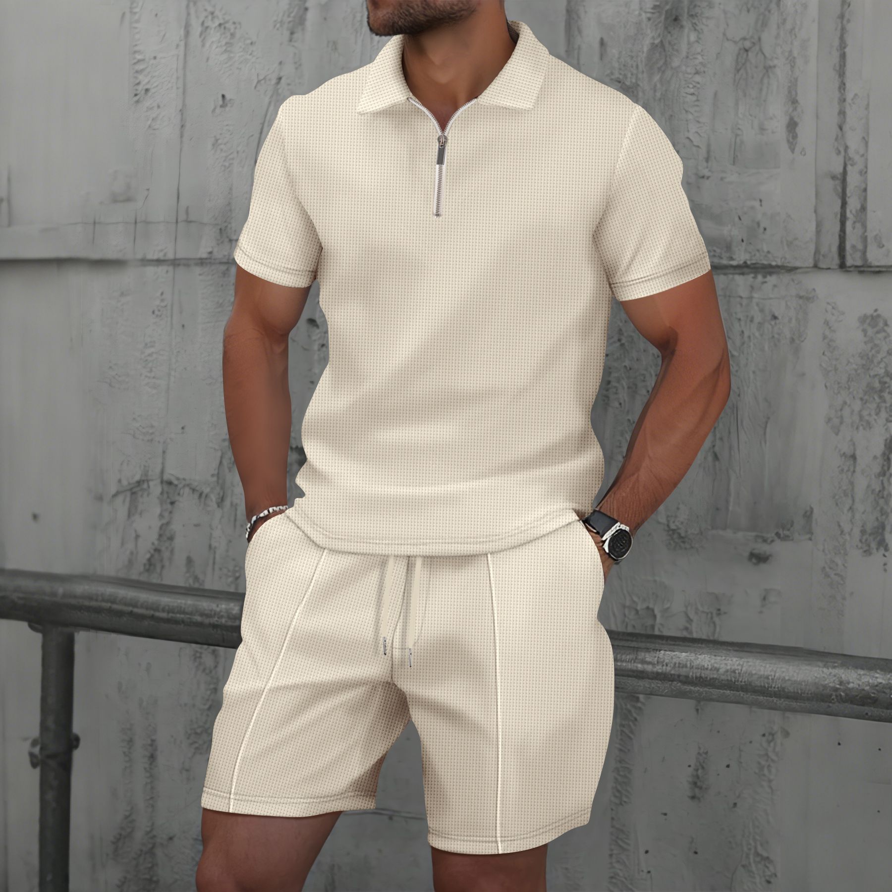 Men's New Waffle-Knit Casual Set: Solid-Color Short-Sleeve T-Shirt with Zippered Lapel & Matching Shorts