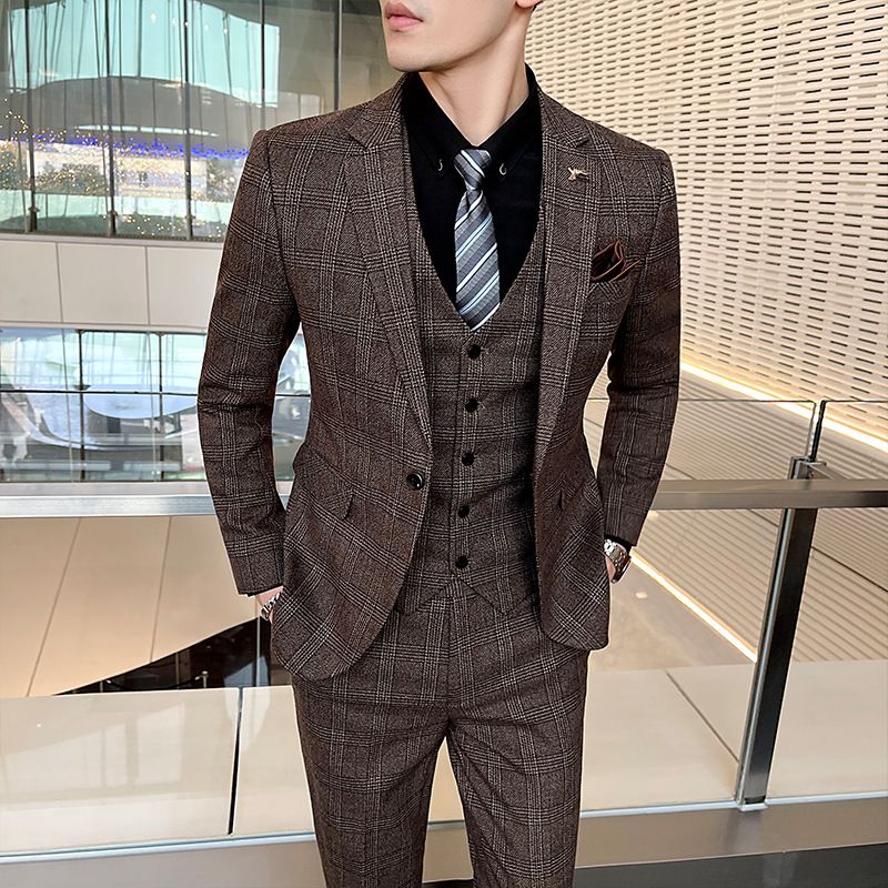 Men's Plaid Suit Set — New Spring Arrival: Korean-Style Slim-Fit 3-Piece Business & Professional Attire